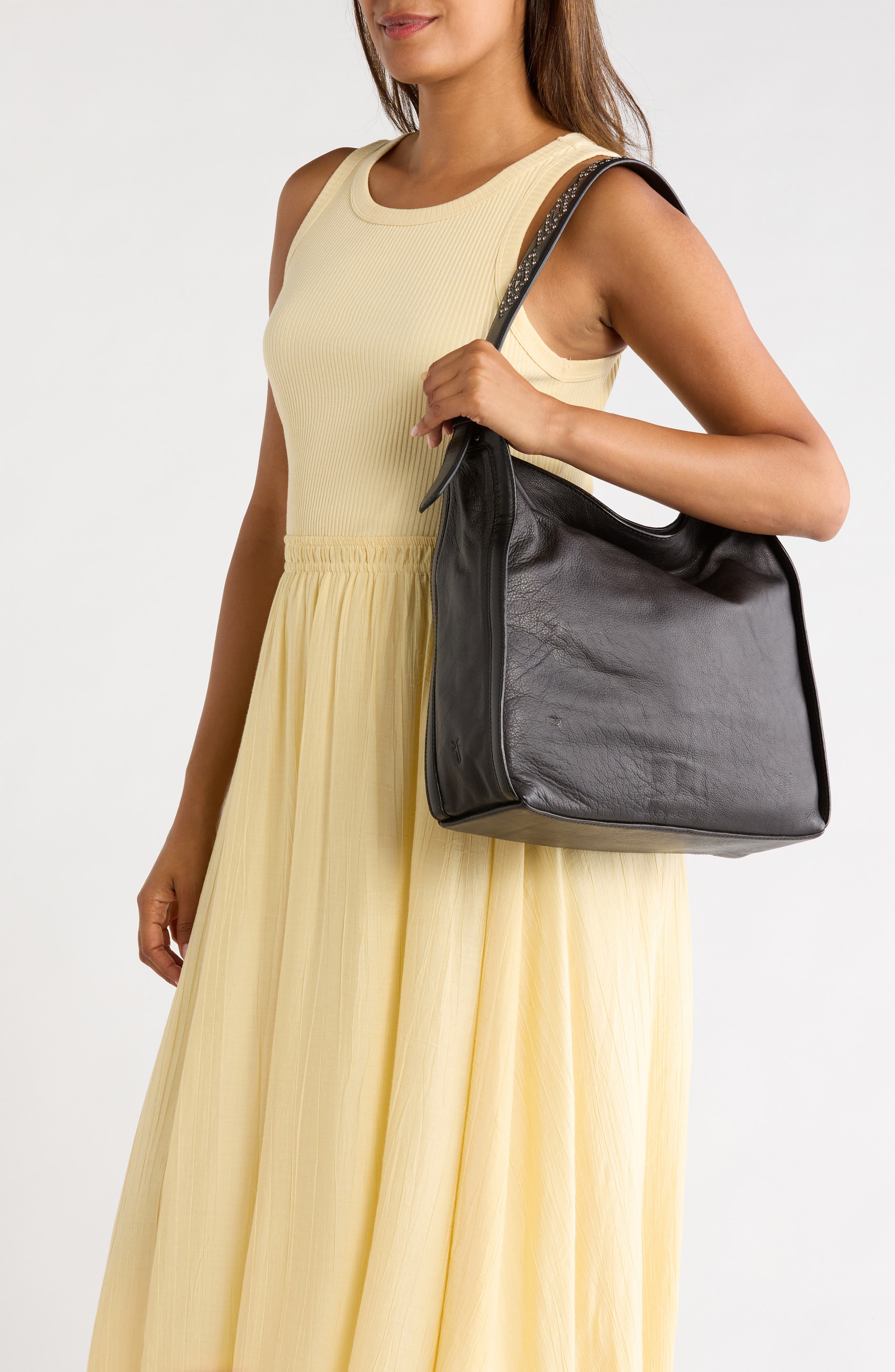 Carla Studded Leather Hobo Bag, Alternate, color, BLACK