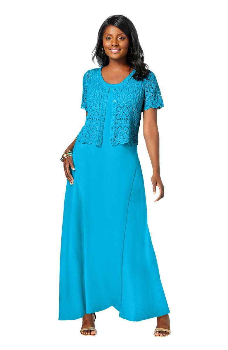 Jessica London Stretch Cotton Tank Maxi Dress, Alternate, color, Black Abstract Floral