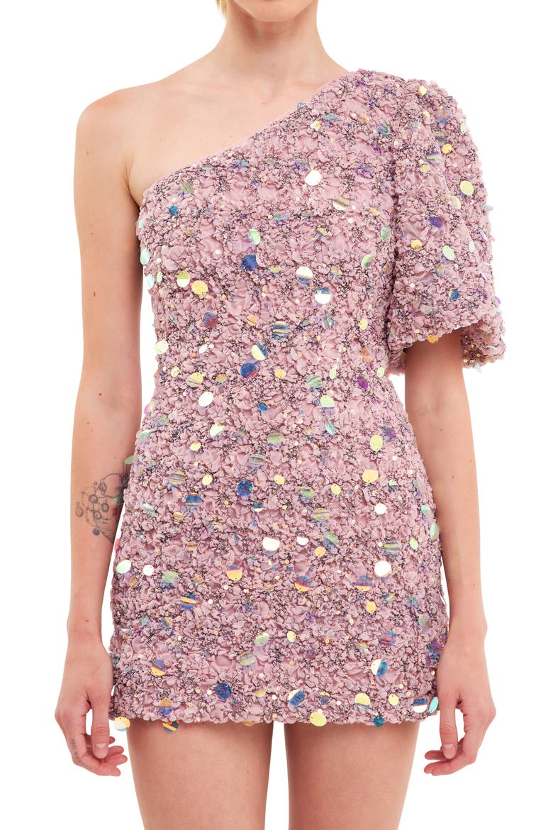 Premium Sequin Tulle One-Shoulder Minidress, Alternate, color, DUSTY LAVENDER