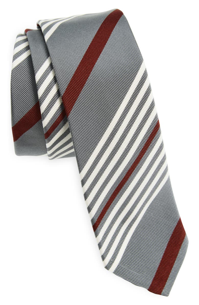 Thom Browne 4-Bar Rep Stripe Silk & Cotton Tie, Main, color, Burgundy