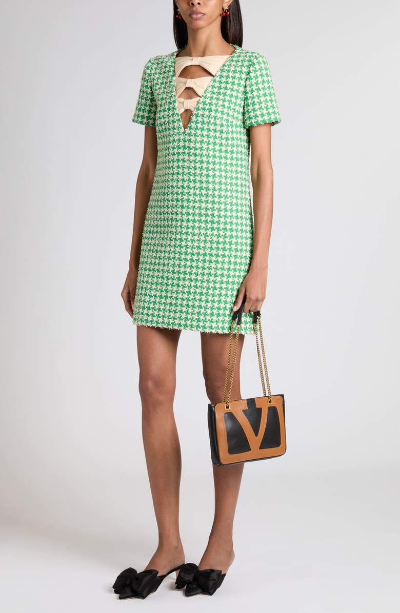 Valentino Houndstooth Cotton Blend Tweed Minidress, Alternate, color, Green