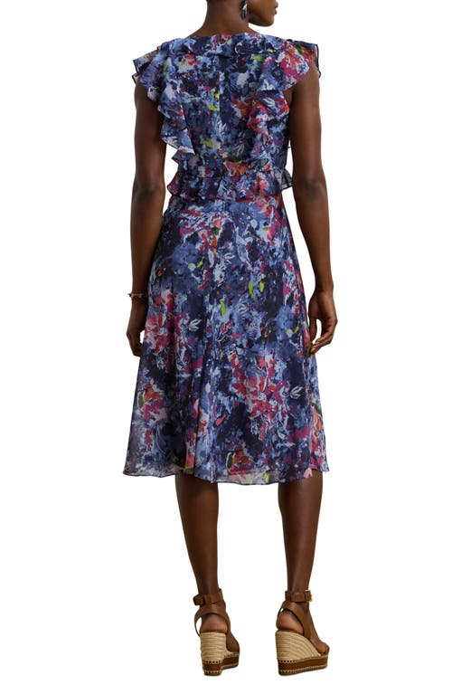 Ralph Lauren Petite Print Ruffle-trim Georgette Midi Dress In Blue