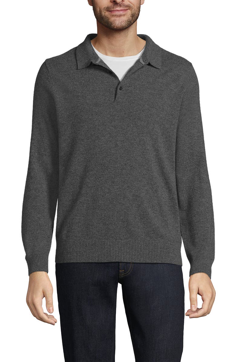 Lands' End Long Sleeve Cashmere Sweater Polo, Main, color, Charcoal Heather