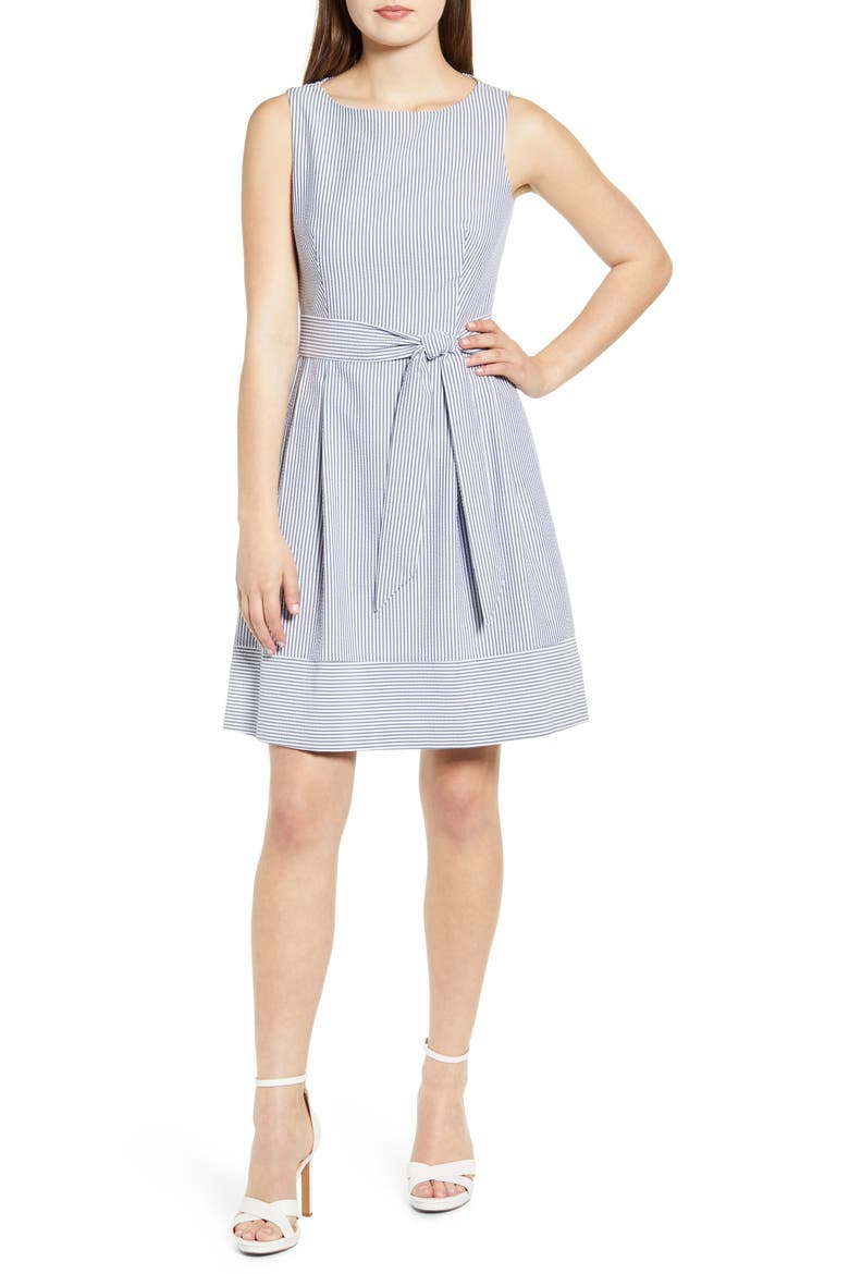 Seersucker Sleeveless Fit & Flare Dress, Main, color, MOON GREY/ WHITE