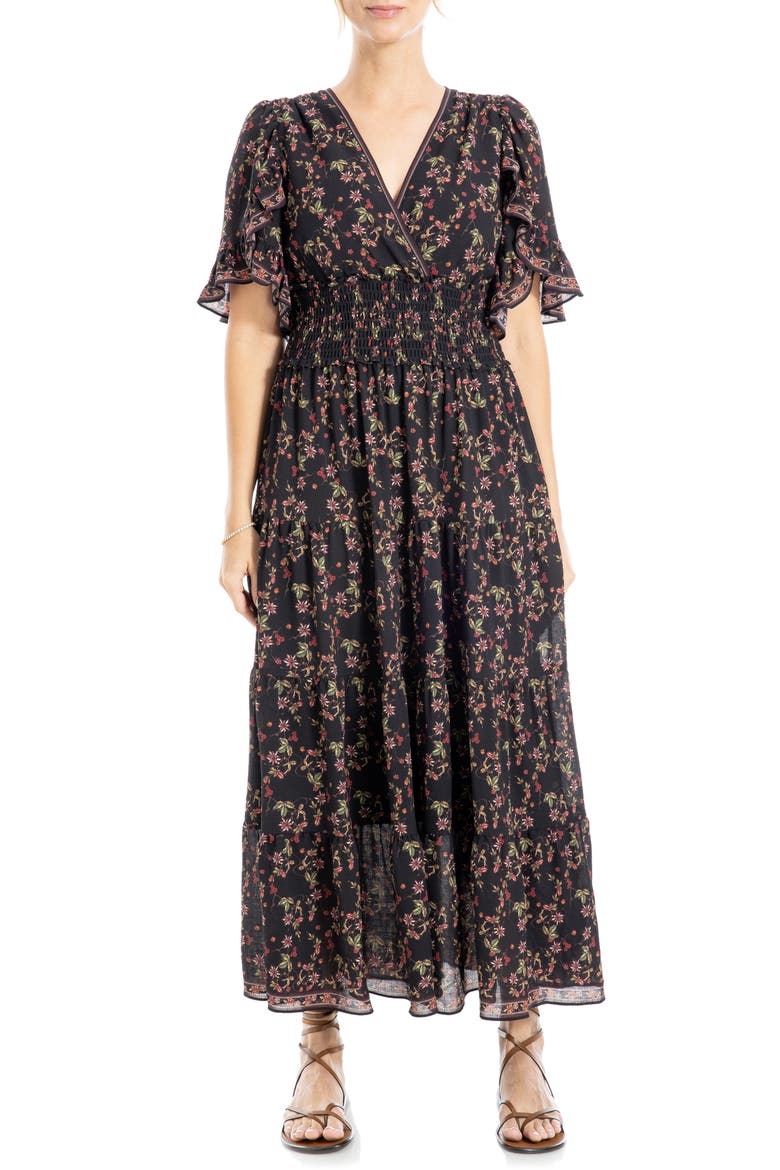 Ruffle Sleeve Tiered Maxi Dress, Main, color, BLACK/ GREEN FLORAL