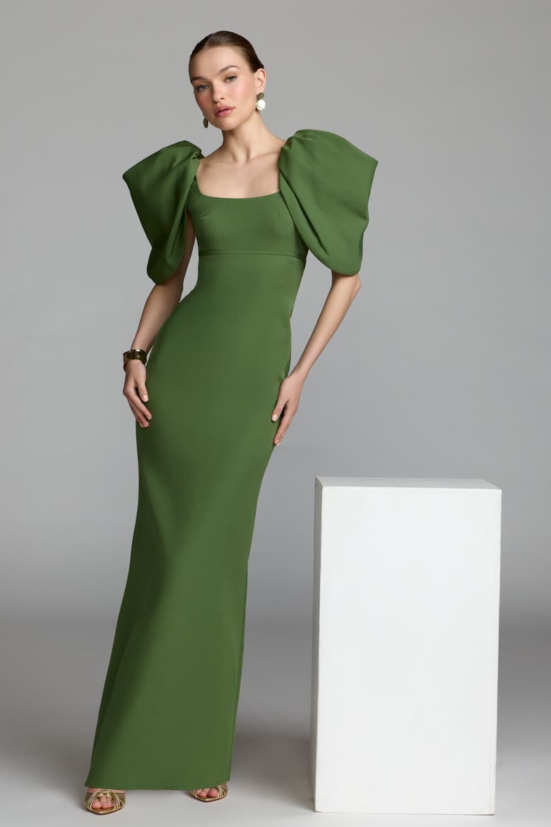 Crepe Square Neck Gown With Puff Sleeves, Alternate, color, Moss Green