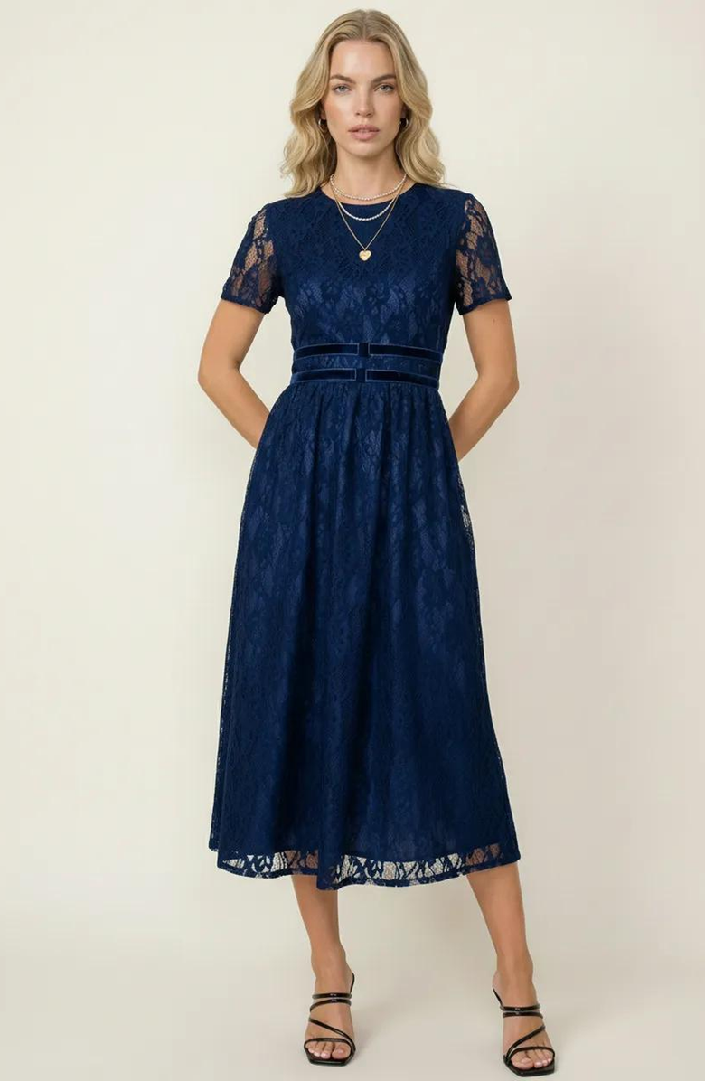 Modenaire Lace Midi Dress with Sheer Short Sleeves and Velvet Waistband Detail, Main, color, Navy