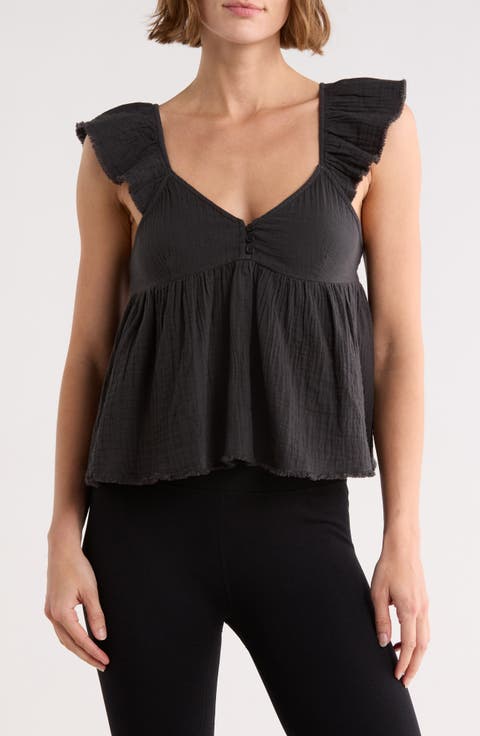 Cotton Gauze Flutter Sleeve Babydoll Top