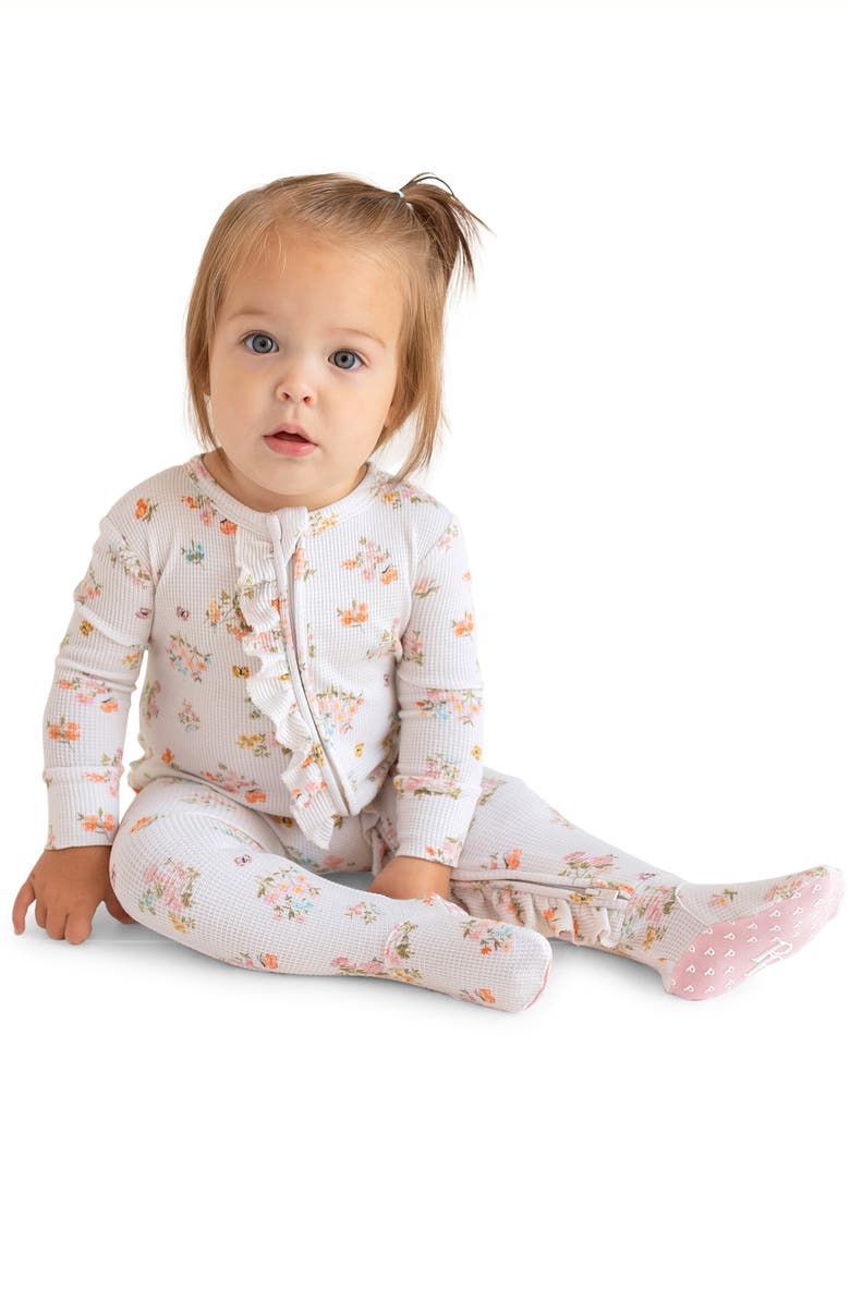 Posh Peanut Clemence Floral Print Ruffle Fitted Footie Pajamas, Alternate, color, 