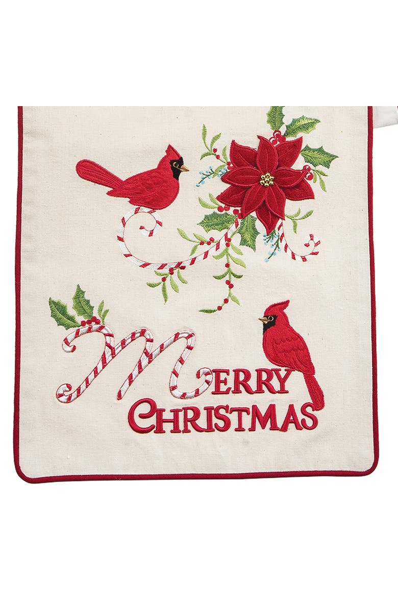 C&F Home Holiday "Merry Christmas" Sentiment w/ Red Cardinal Cane Cotton Machine Washable Embroidered Table Runner 14" x 72", Alternate, color, Brown