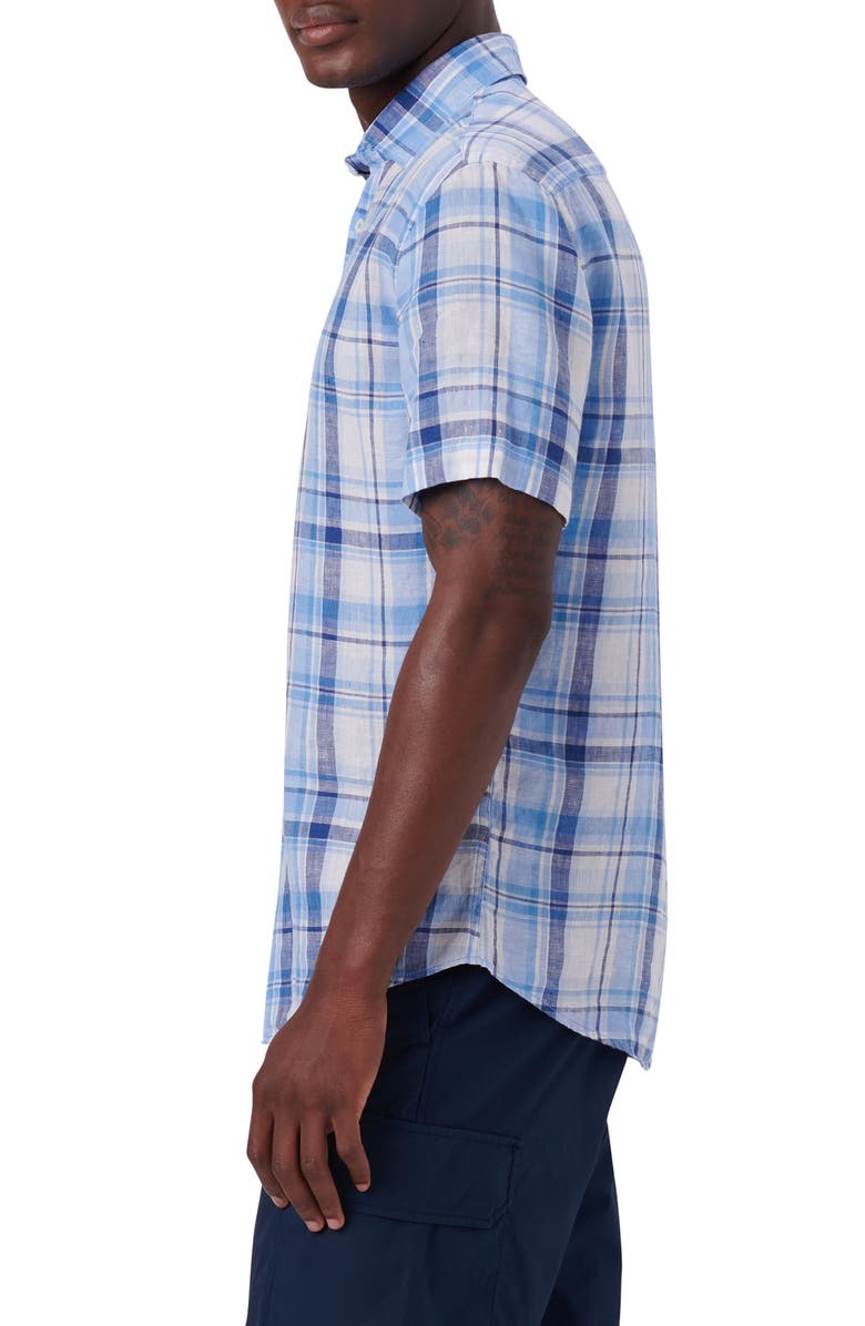 Bugatchi Plaid Short Sleeve Linen Button-Up Shirt, Alternate, color,