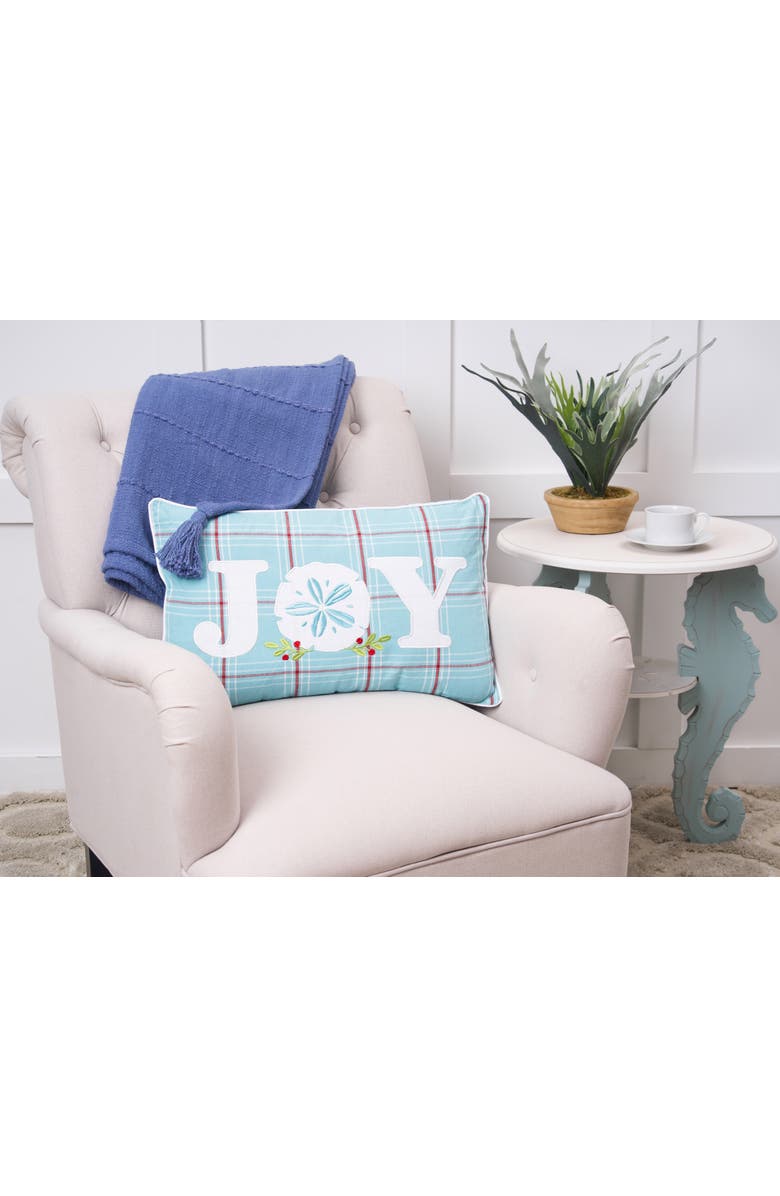 C&F Home Plaid "JOY" Holly Branch Sand Dollar Embroidered Pillow, 14" x 22", Alternate, color, Blue