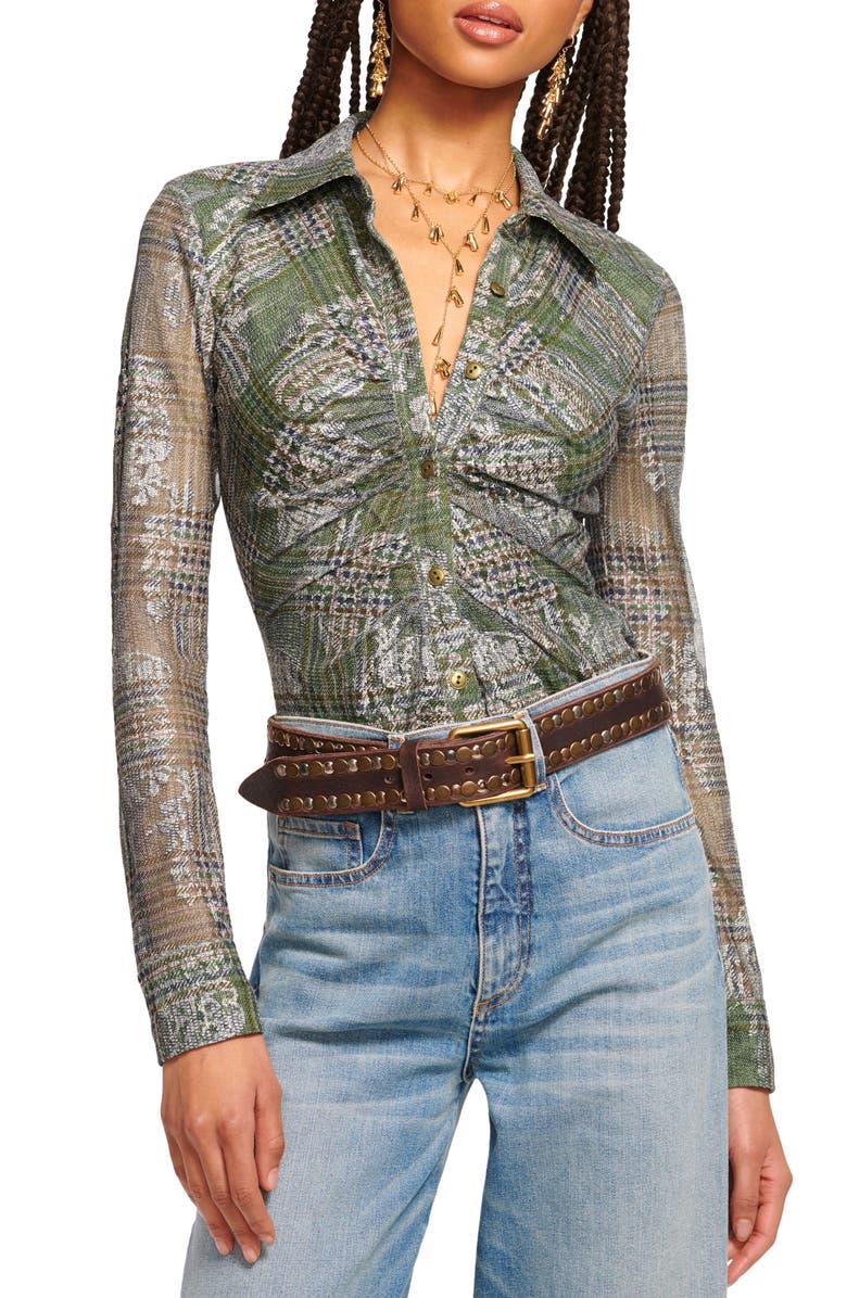 Ramy Brook Hamilton Plaid Jacquard Button-Up Shirt, Main, color, Dark Sage Tartan