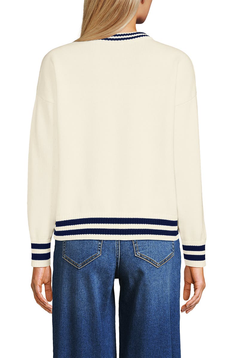 Lands' End Cotton Drifter Shaker V-neck Sweater, Alternate, color, Fresh Ivory Navy Tipping