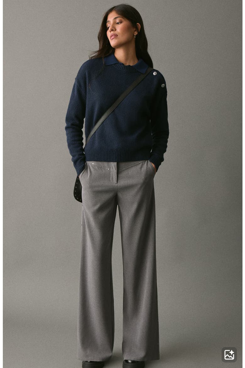 Button Shoulder Crewneck Sweater, Alternate, color, NAVY