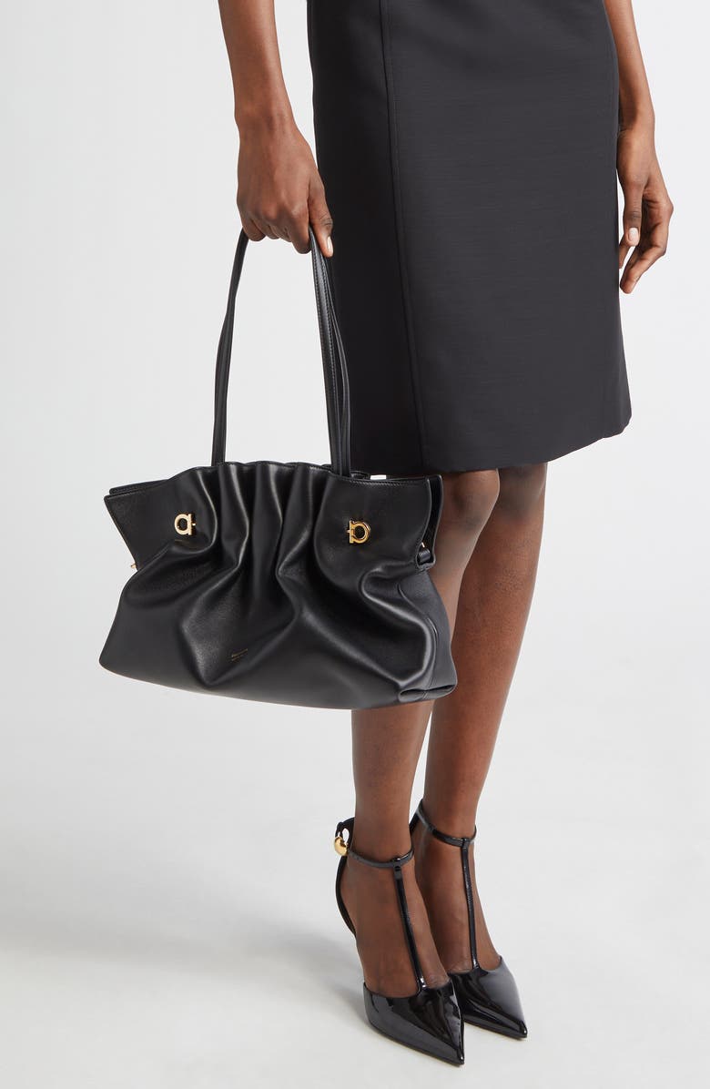 FERRAGAMO Medium Gancio Piercing Soft Leather Shoulder Bag, Alternate, color, Nero