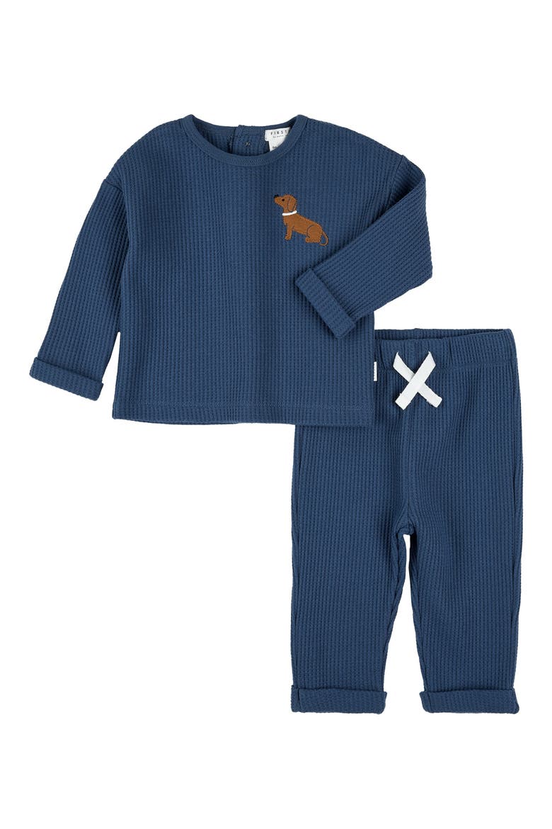 Puppy Embroidered Thermal Top & Pants Set, Main, color, DARK BLUE