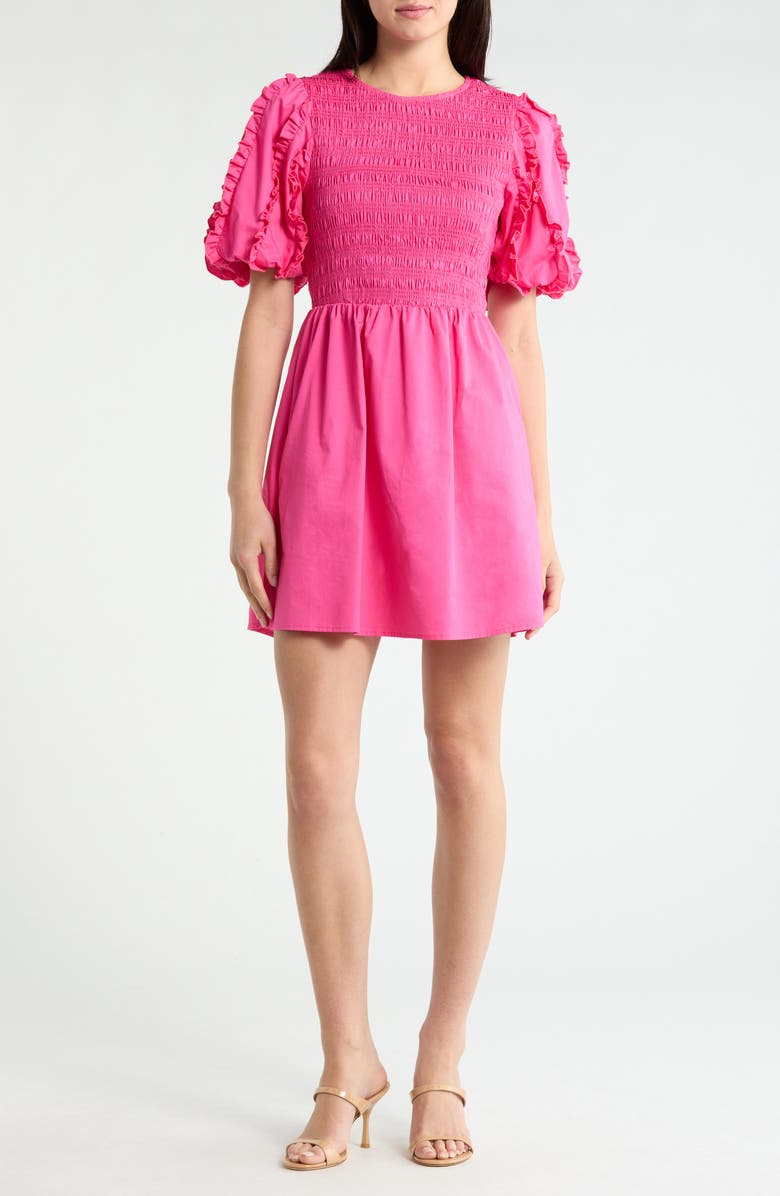 SUGARLIPS Riana Ruffle Smocked Minidress, Main, color, Fuchsia