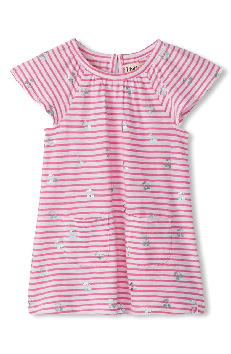Hatley Stripe Cherry Foil Print Cotton Jersey Dress, Main, color, Pink Carnation