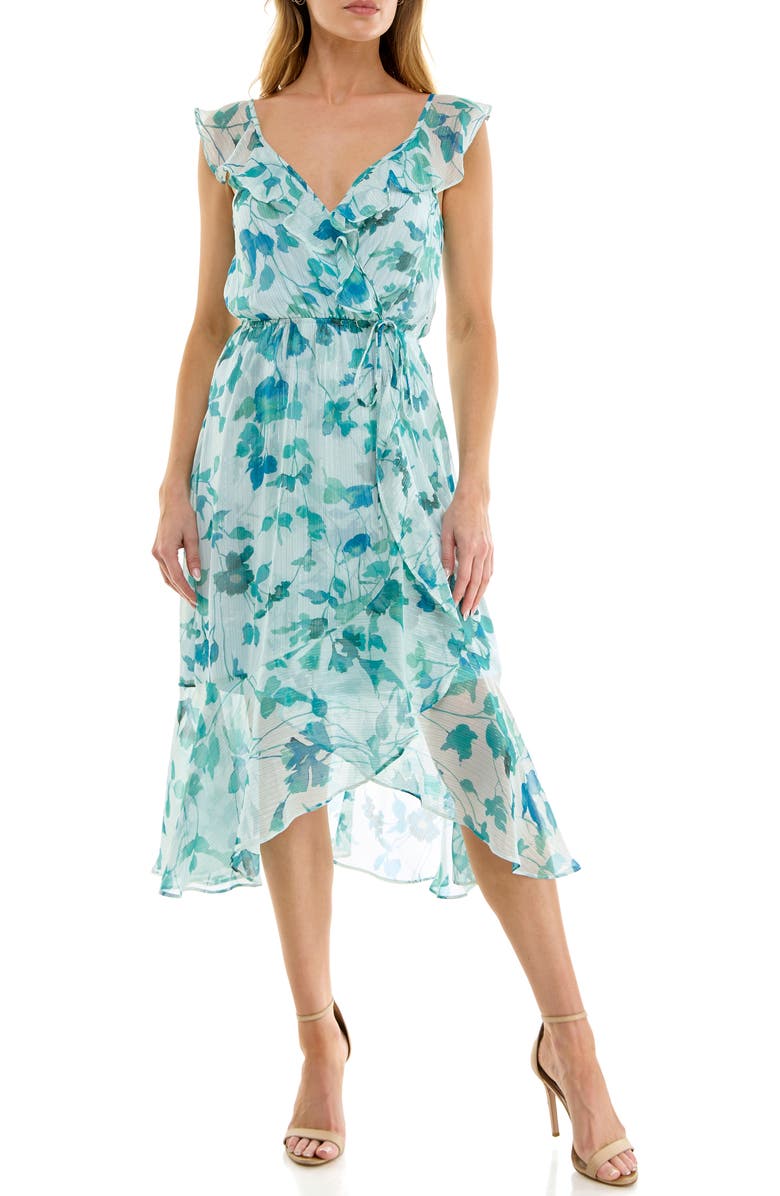 Socialite Ruffle Faux Wrap Chiffon Midi Dress, Main, color, Blue Teal Vine