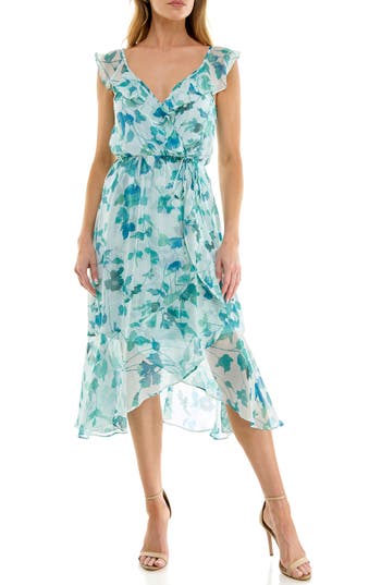 Socialite Ruffle Faux Wrap Chiffon Midi Dress In Blue Teal Vine