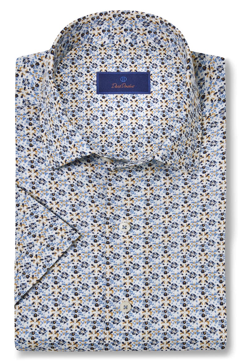 Floral Print Linen & Cotton Short Sleeve Button-Up Shirt, Main, color, WHITE/ BLUE