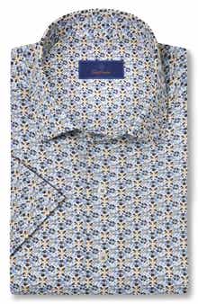 David Donahue Floral Print Linen & Cotton Short Sleeve Button-Up Shirt