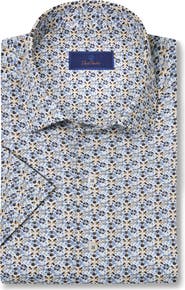 David Donahue Floral Print Linen & Cotton Short Sleeve Button-Up Shirt