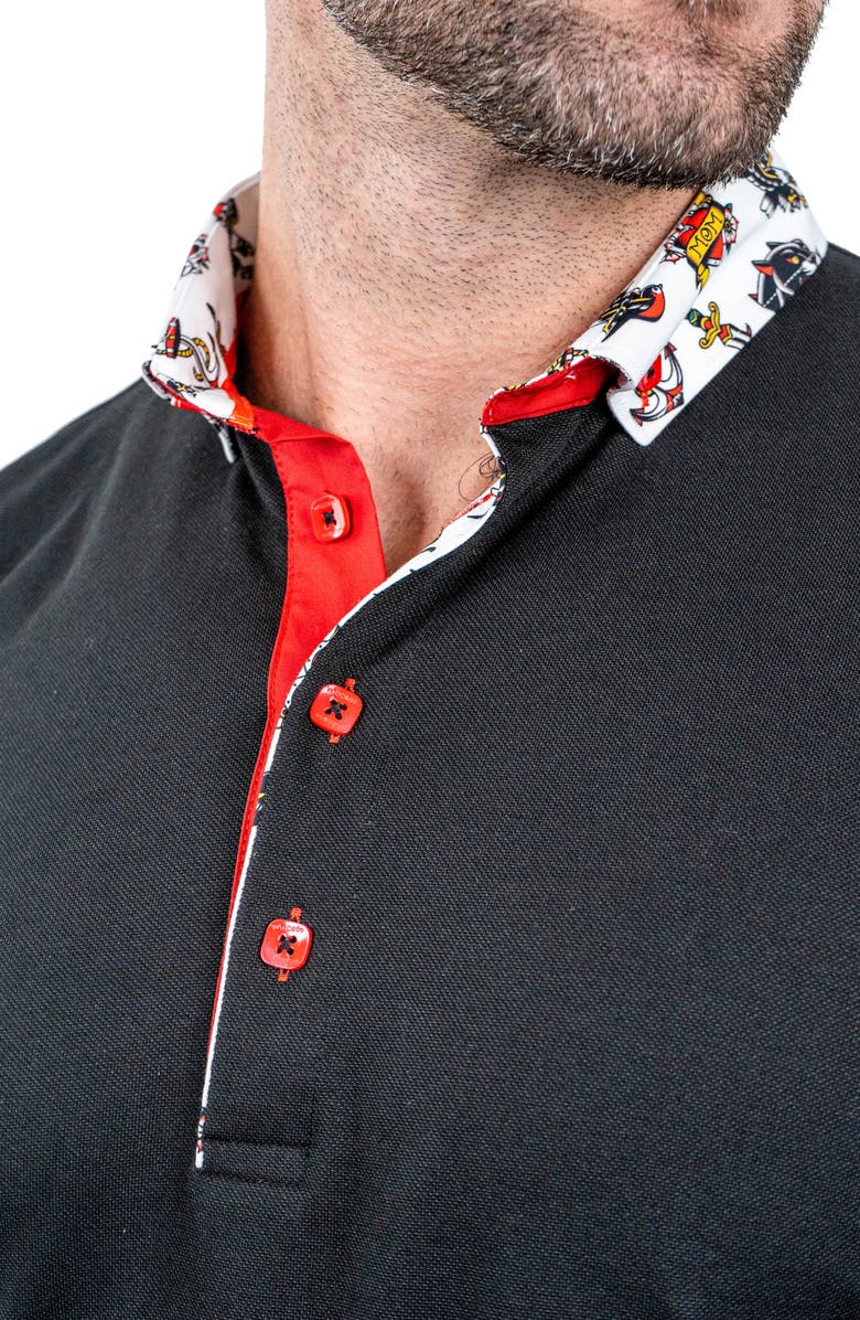 Maceoo Newton Solid Tattoo Print Accent Long Sleeve Cotton Polo, Alternate, color, 