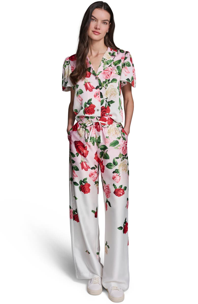 KARL LAGERFELD PARIS Placed Floral Satin Drawstring Pants, Alternate, color, Cornelia Rose/ Sft Wht Multi