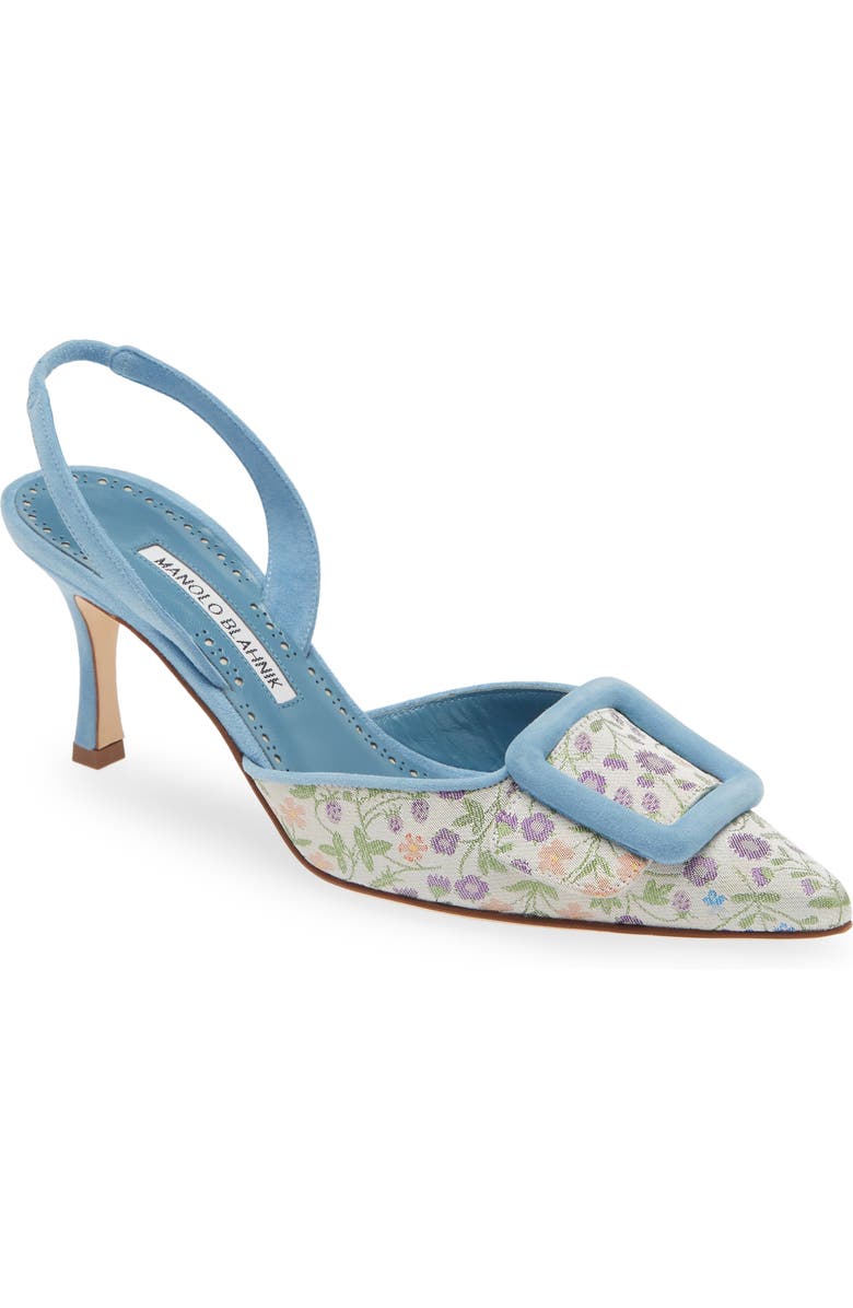Manolo Blahnik Mayslibi Floral Pointed Toe Slingback Pump, Main, color, Blue Multi