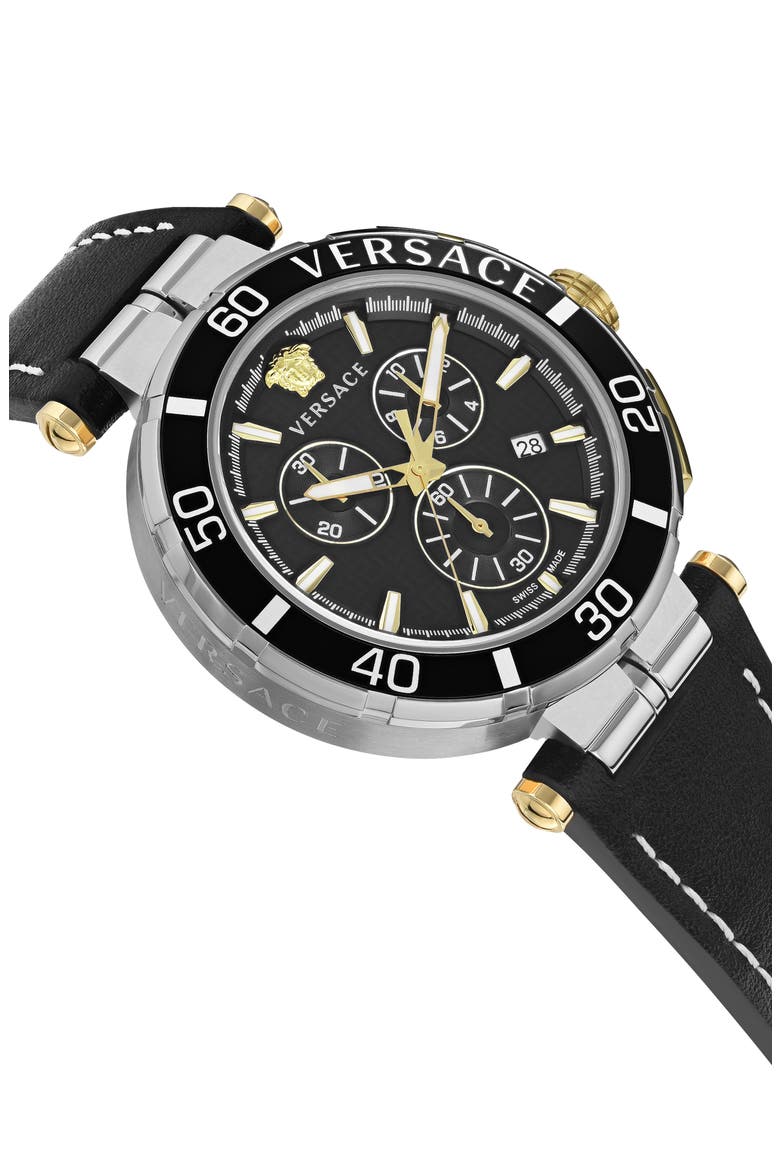 Greca Chronograph Leather Strap Watch, 45mm, Alternate, color, STAINLESS STEEL