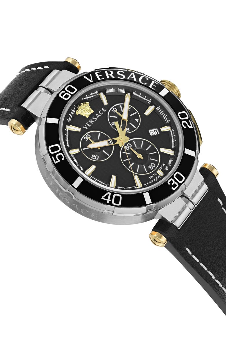 Versace Greca Chronograph Leather Strap Watch, 45mm, Alternate, color, Stainless Steel