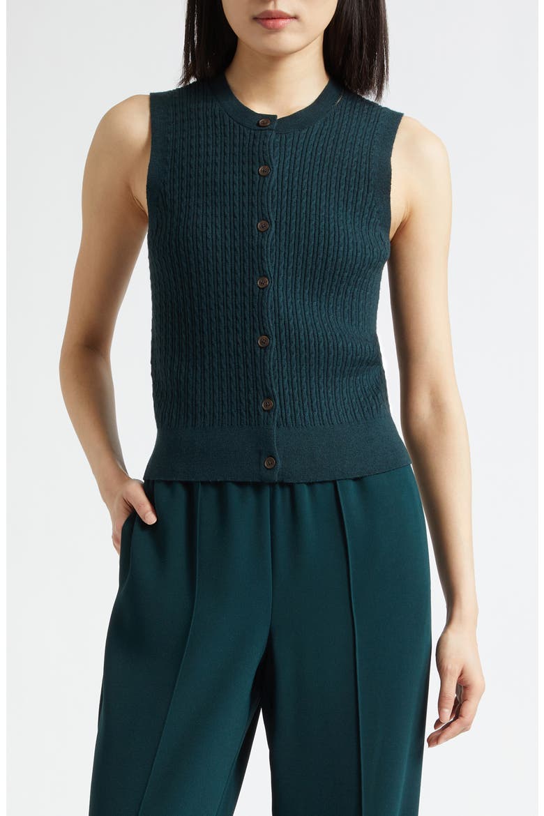Sleeveless Cable Stitch Merino Wool Blend Cardigan, Main, color, JUNIPER