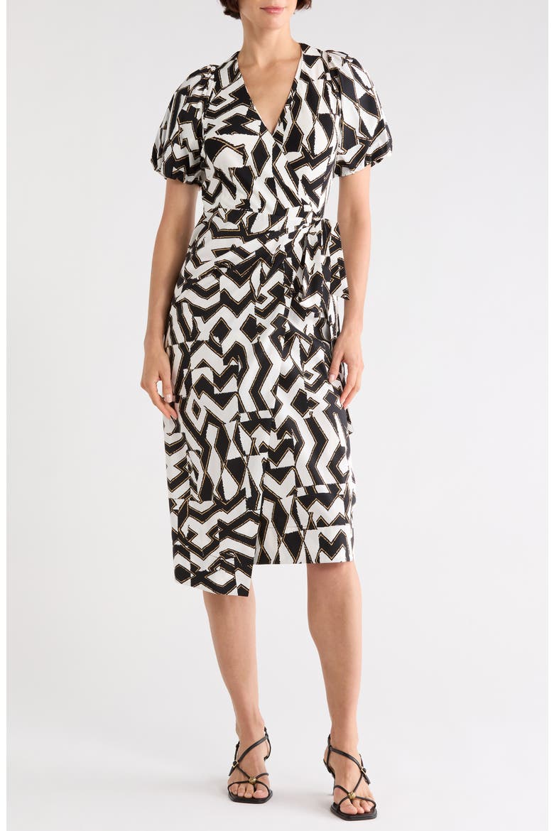 Arina Puff Sleeve Wrap Dress, Main, color, TROY MAZE LARGE BW