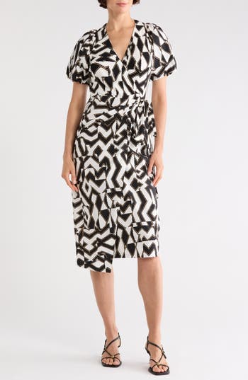 Diane von Furstenberg Arina Puff Sleeve Wrap Dress in Troy Maze Large Bw at Nordstrom Rack, Size 4