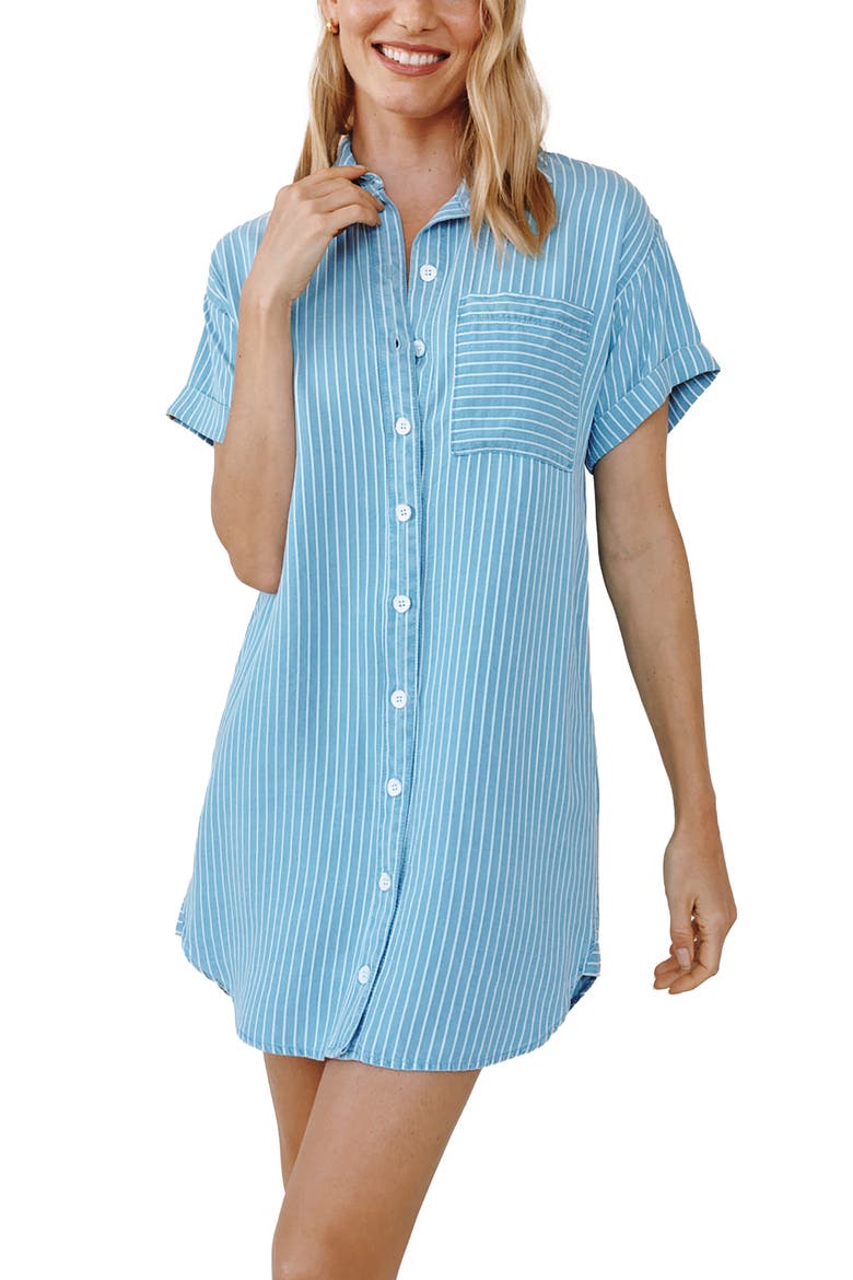 Stripe Roll Sleeve Shirtdress, Alternate, color, COASTAL STRIPE WASH