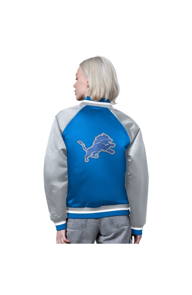 STARTER Women's Starter Blue/Silver Detroit Lions Satin Full-Snap Vintage Varsity Jacket, Alternate, color, Blue