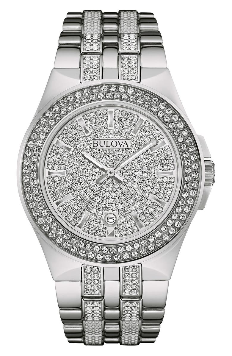 BULOVA Pavé Crystal Bracelet Watch, 42mm, Main, color, Silver