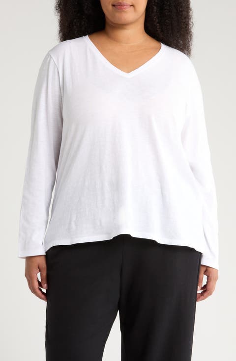 Easy V-Neck Long Sleeve Organic Cotton T-Shirt (Plus)