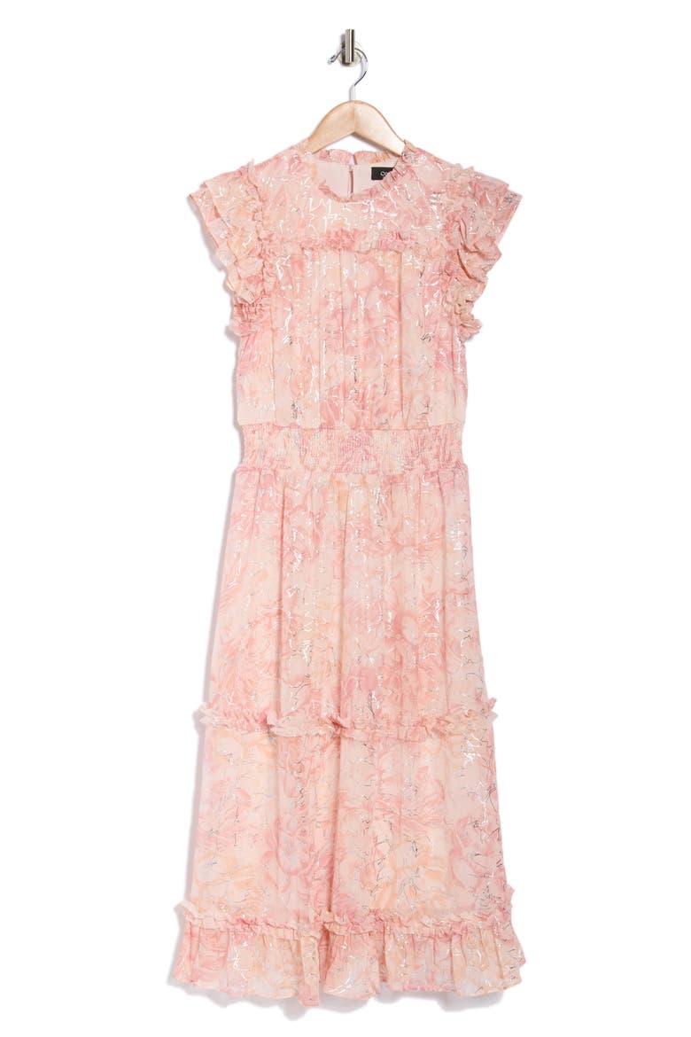 Floral Ruffle Sleeve Tiered Midi Dress, Alternate, color, SILVER BLUSH