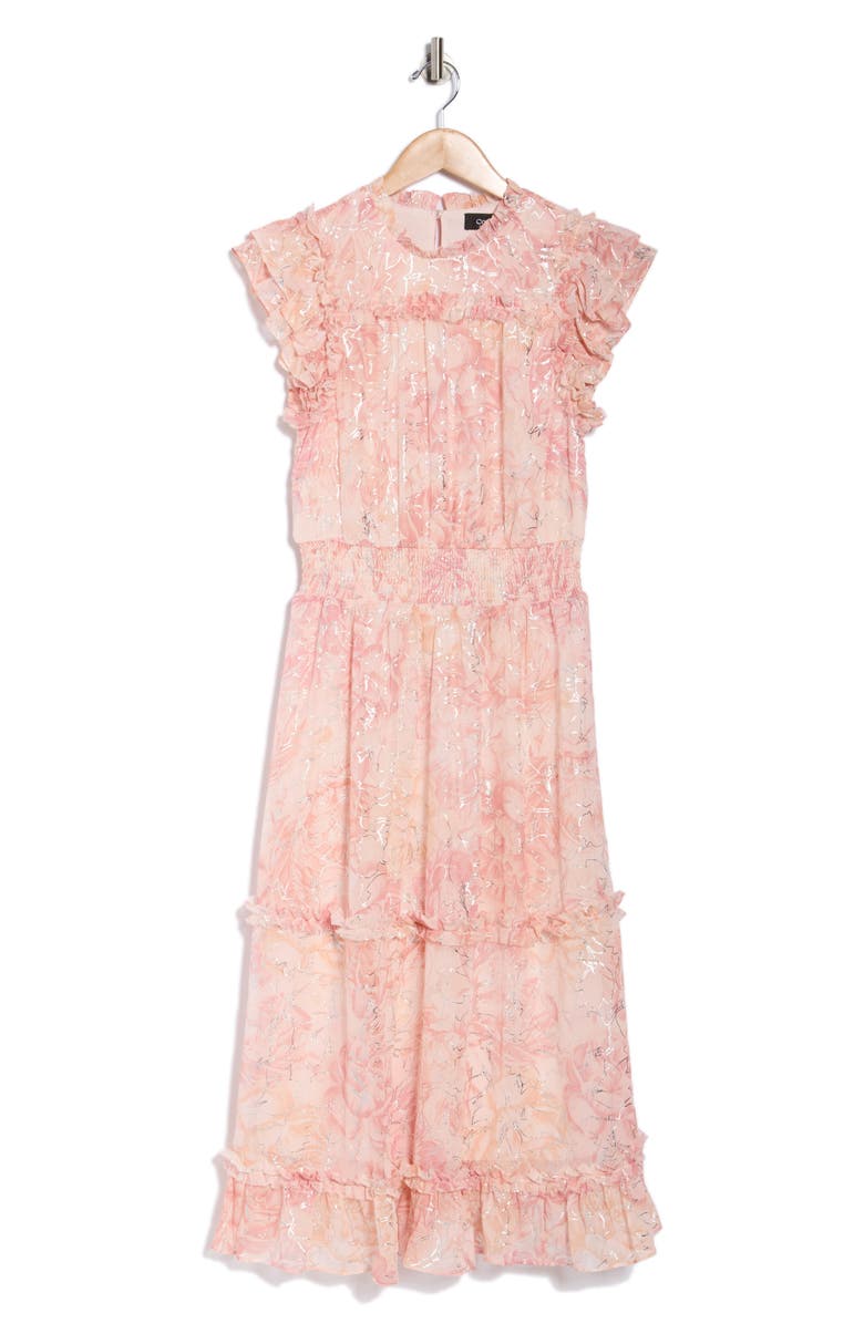 CeCe Floral Ruffle Sleeve Tiered Midi Dress, Main, color, Silver Blush