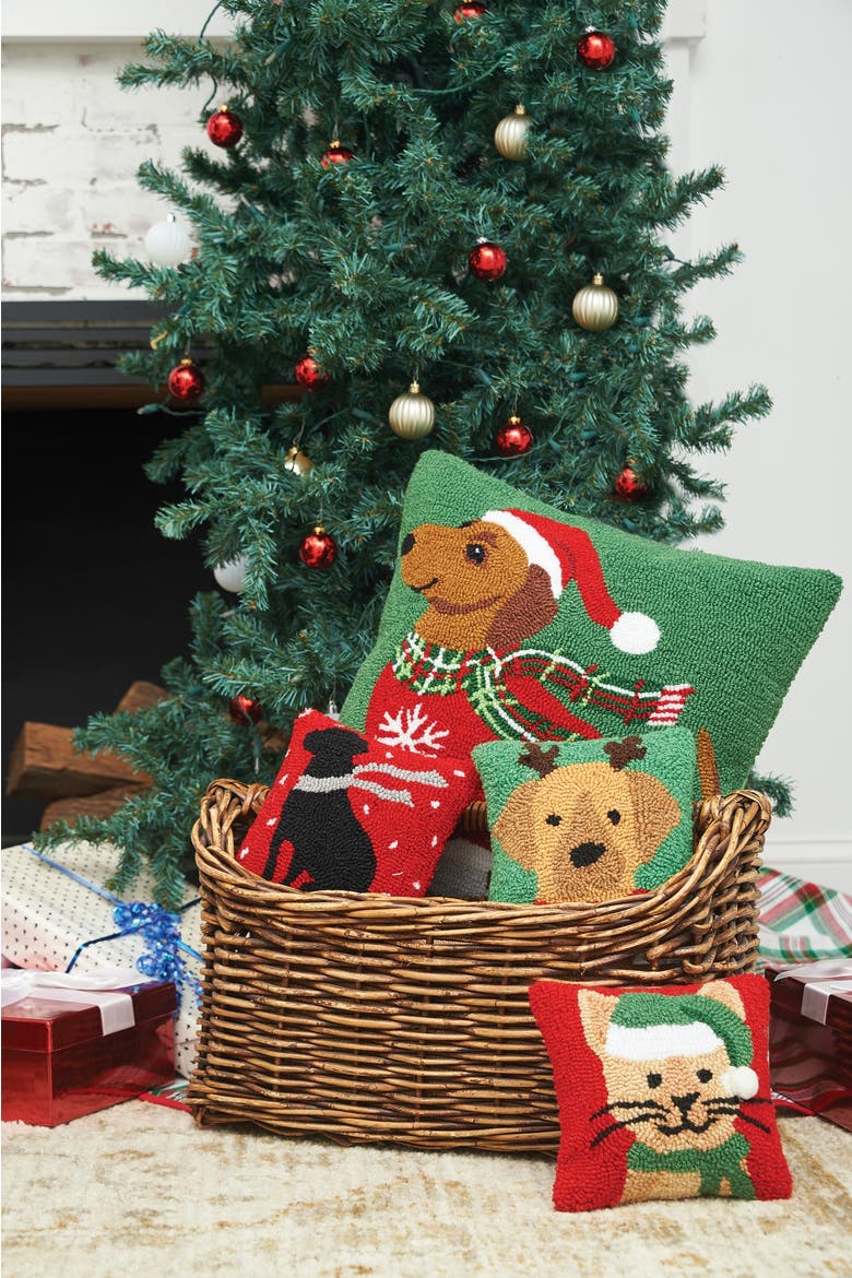 Winter Christmas Black Dog with Scarf Silhouette Mini Hooked Accent Pillow 8" x 8", Alternate, color, Red