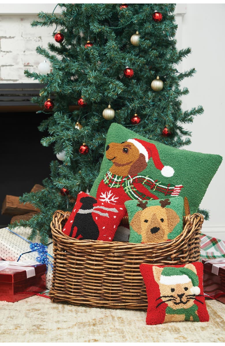 C&F Home Winter Christmas Black Dog with Scarf Silhouette Mini Hooked Accent Pillow 8" x 8", Alternate, color, Red