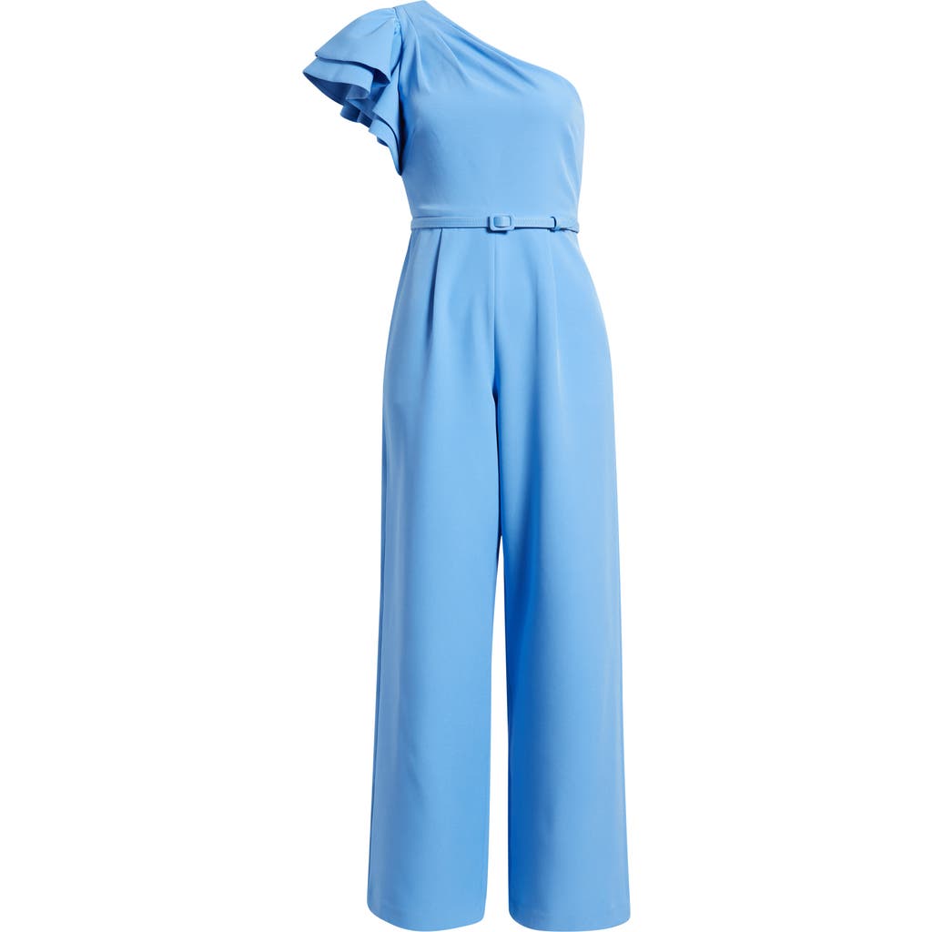 Anne Klein Flutter Sleeve One-shoulder Wide Leg Scuba Knit Jumpsuit In Blue