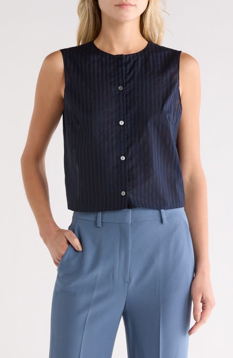 Stripe Sleeveless Crop Button-Up Shirt