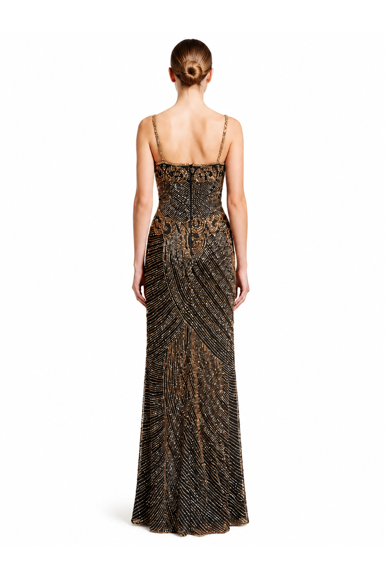 Spaghetti Strap Beaded Gown with Slit, Alternate, color, Black