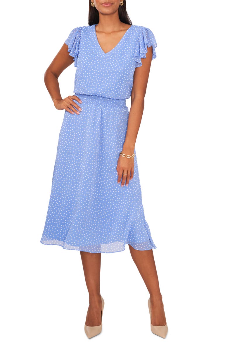 Chaus Polka Dot Smocked Waist Chiffon Midi Dress, Main, color,