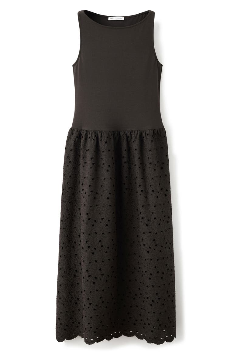 Embroidered Eyelet Mixed Media Dress, Alternate, color, BROWN
