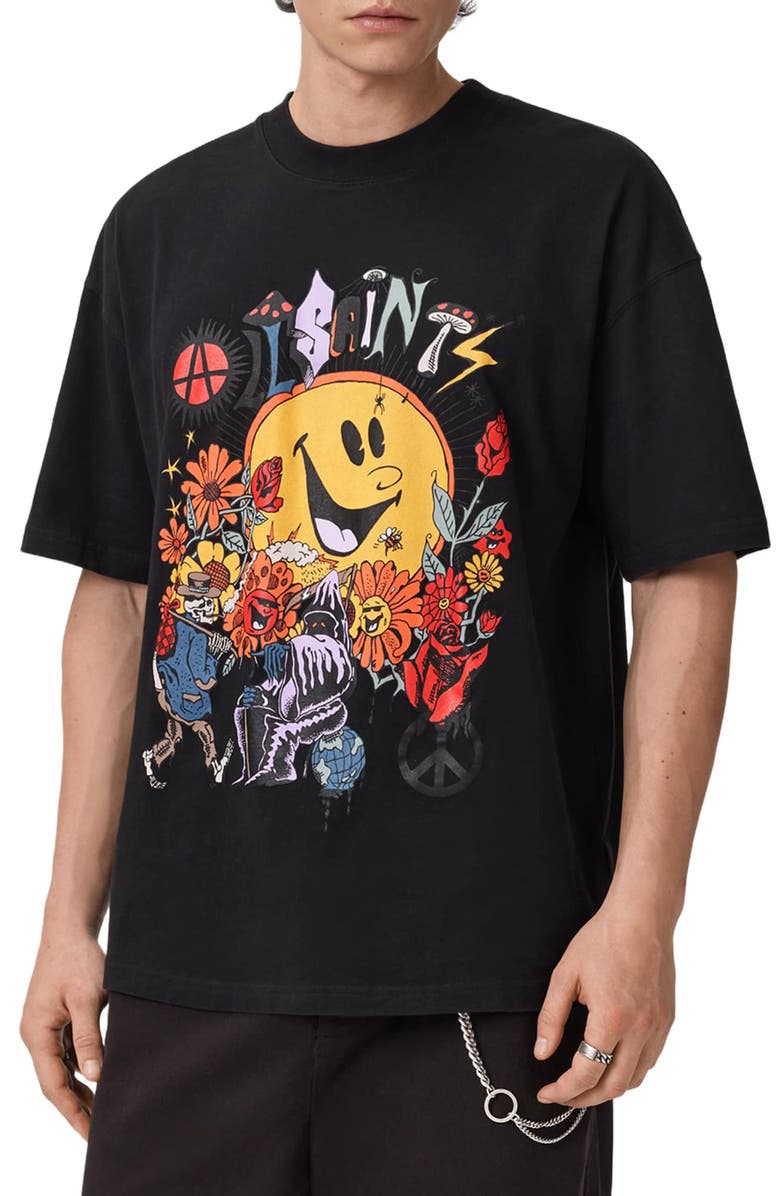 AllSaints Gardens Cotton Graphic T-Shirt, Main, color, Washed Black